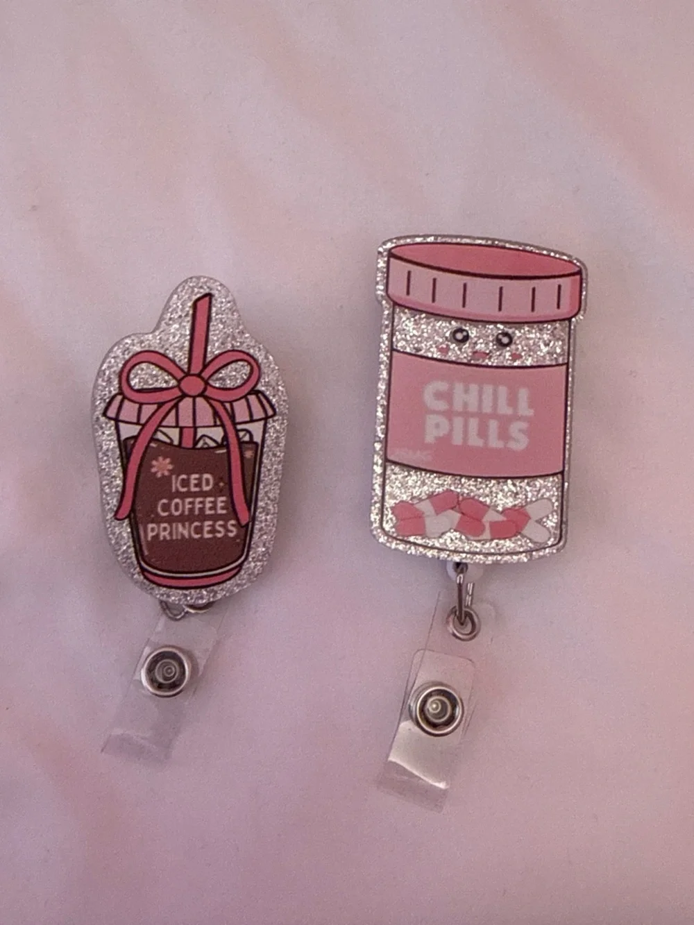 Amazon Pink Glitter Iced Coffee Princess & Chill Pills Badge Reel Duo